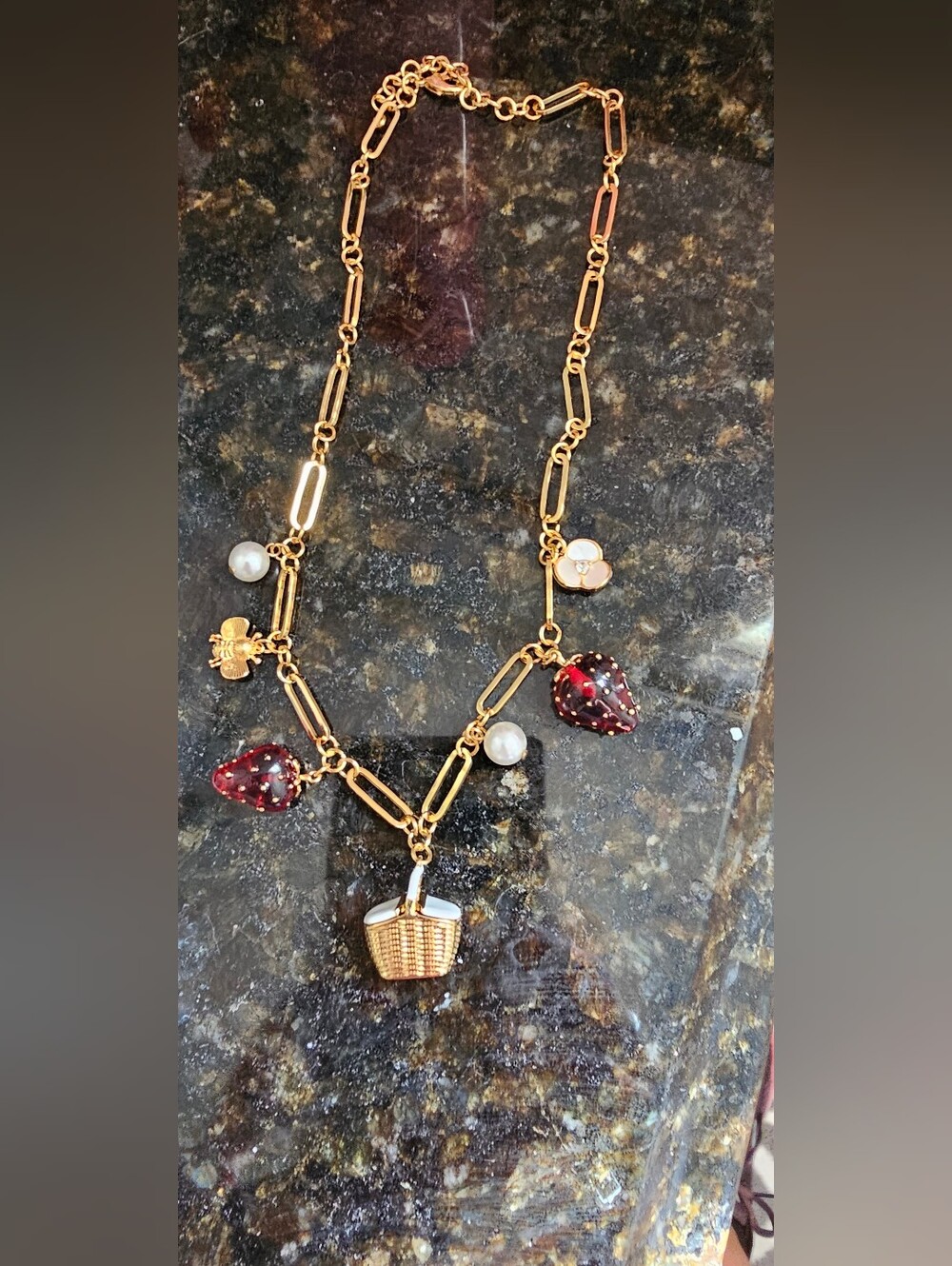 Gold-Tone Charm Necklace with Red Strawberry Charms and Pearls